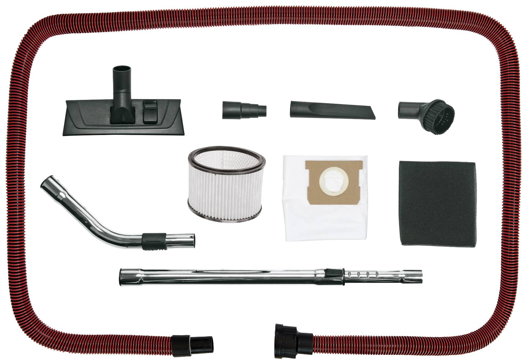 Staubsauger-Zubehör: Schlauch, Rohre, Filter, Staubsaugerbeutel und Düsenaufsätze auf weißem Hintergrund.