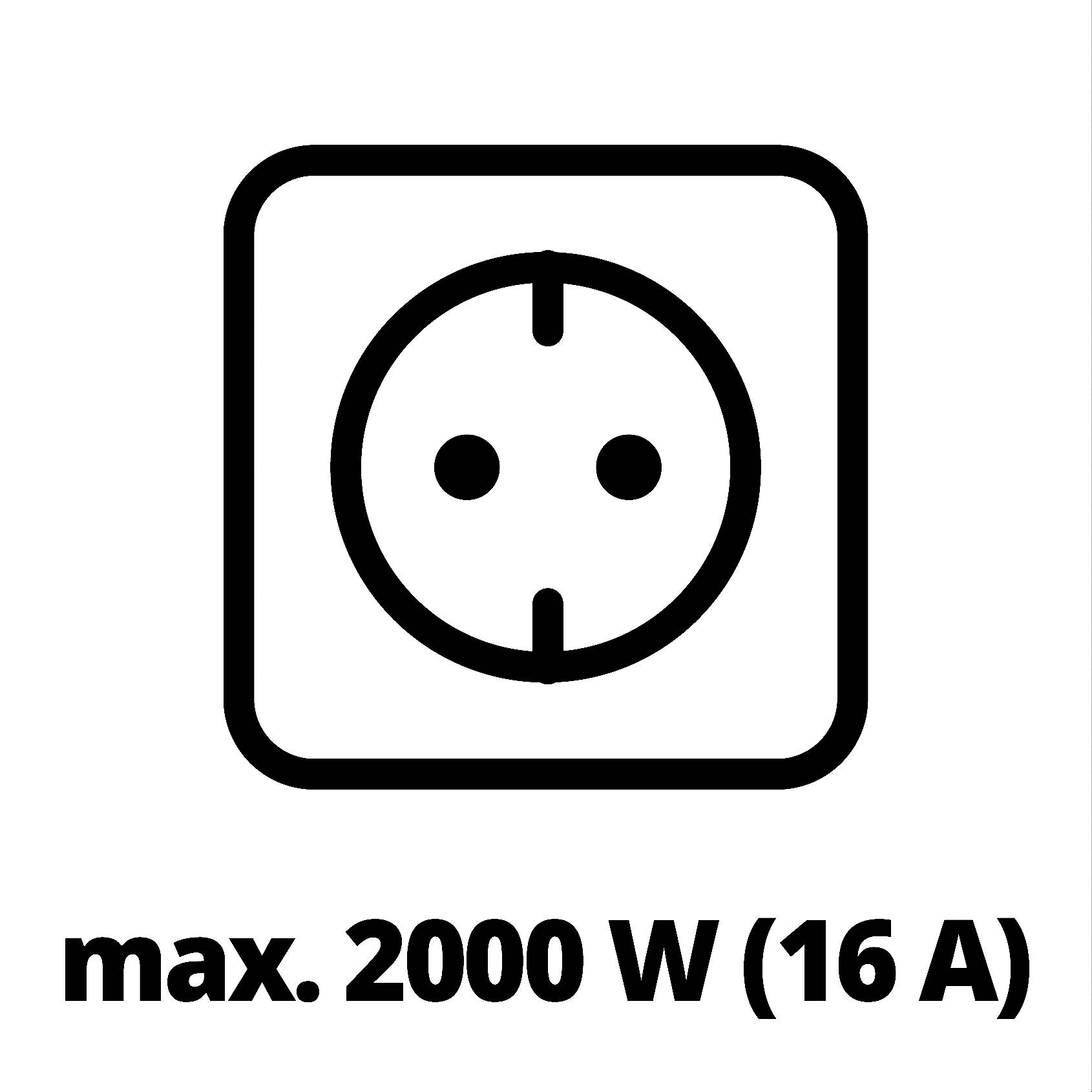 Eine Steckdose mit der Aufschrift 'max. 2000 W (16 A)', was die maximale Leistung und Stromstärke angibt.