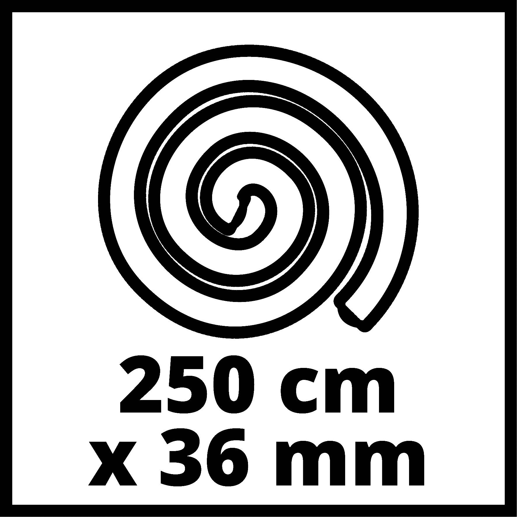 Das Bild zeigt eine Spirale mit der Beschriftung '250 cm x 36 mm', die die Größe des dargestellten Objekts angibt.