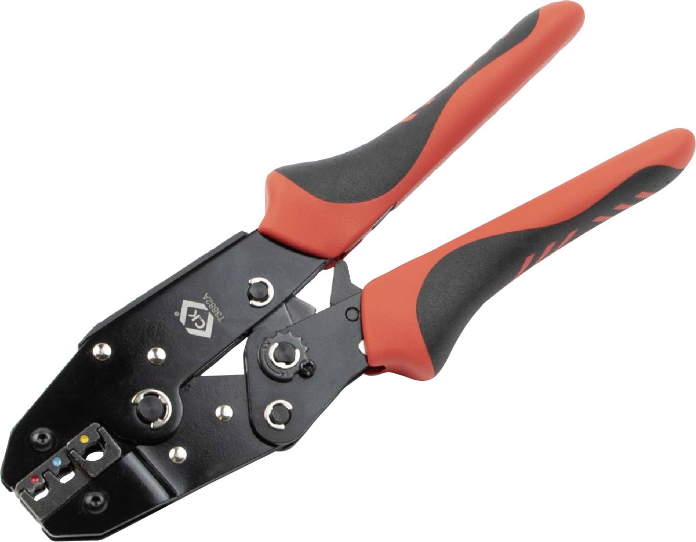 Handcrimpzange mit schwarzem Metallkopf und rot-schwarzen Griffen, zum Verbinden von Kabeln mit Steckerhülsen.