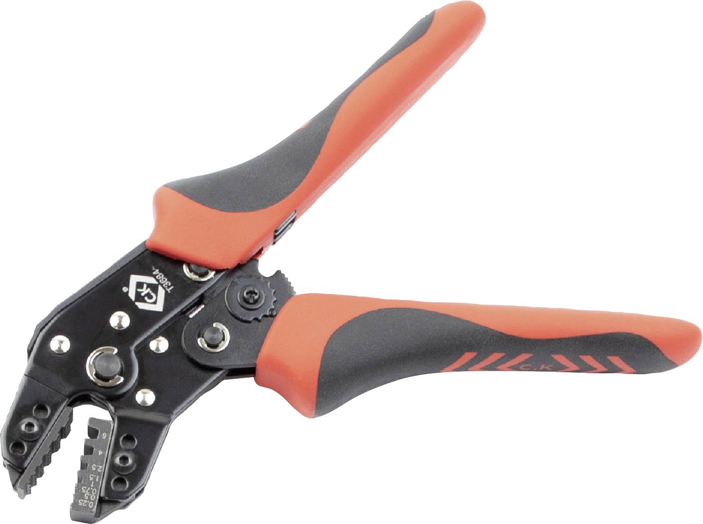 Eine rote und schwarze Abisolierzange mit ergonomischem Griff, geeignet zum präzisen Abisolieren von Kabeln unterschiedlichen Durchmessers.