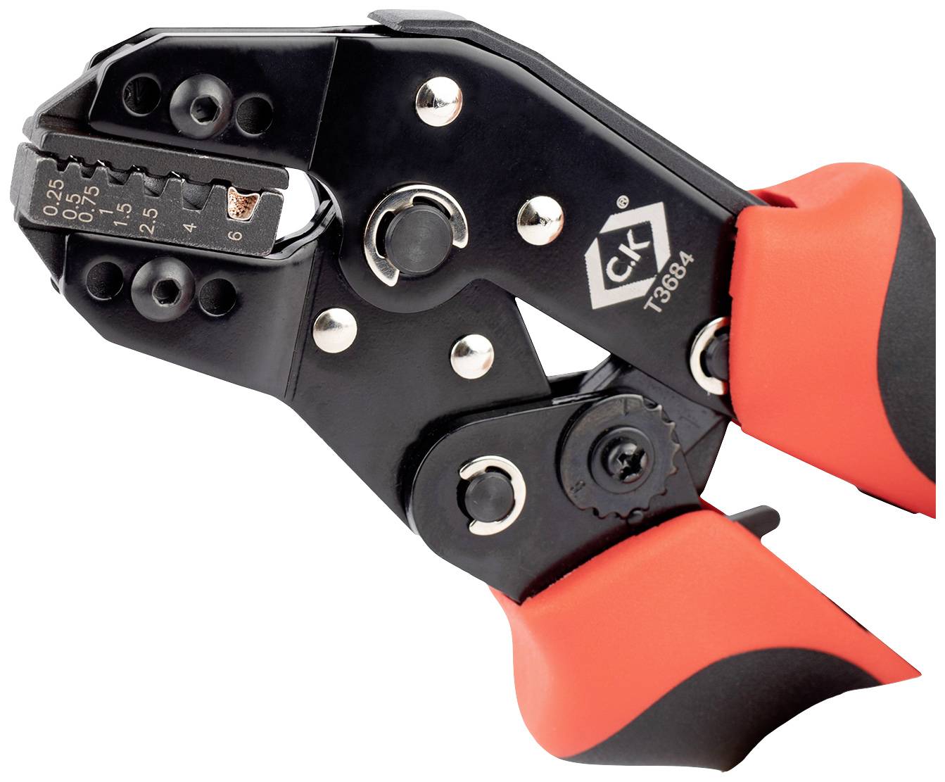 Crimpzange mit roten Griffen, geeignet für Kabelschuhe unterschiedlicher Größen von 0,25 bis 2,5 mm², Werkzeug für Elektroarbeiten.