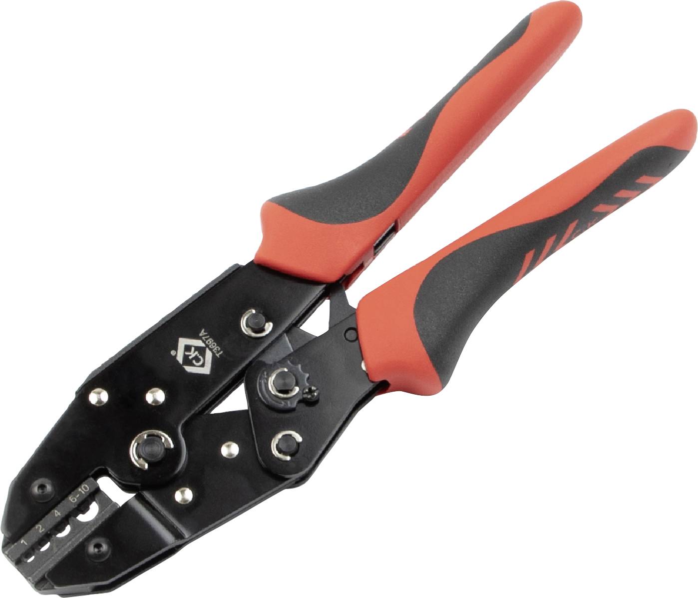 Eine rot-schwarze Crimpzange mit ergonomischen Griffen und einstellbaren Funktionen zum mechanischen Pressen von Kabelschuhen.