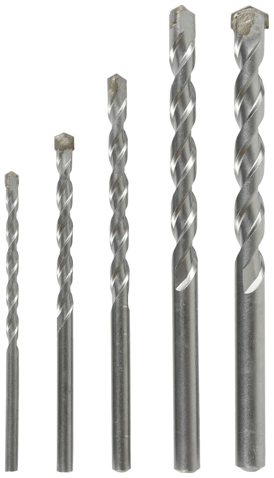 Fünf Bohrer in unterschiedlichen Größen, stehend nebeneinander. Sie sind aus Metall und haben eine spiralförmige Struktur zur Holzbearbeitung.