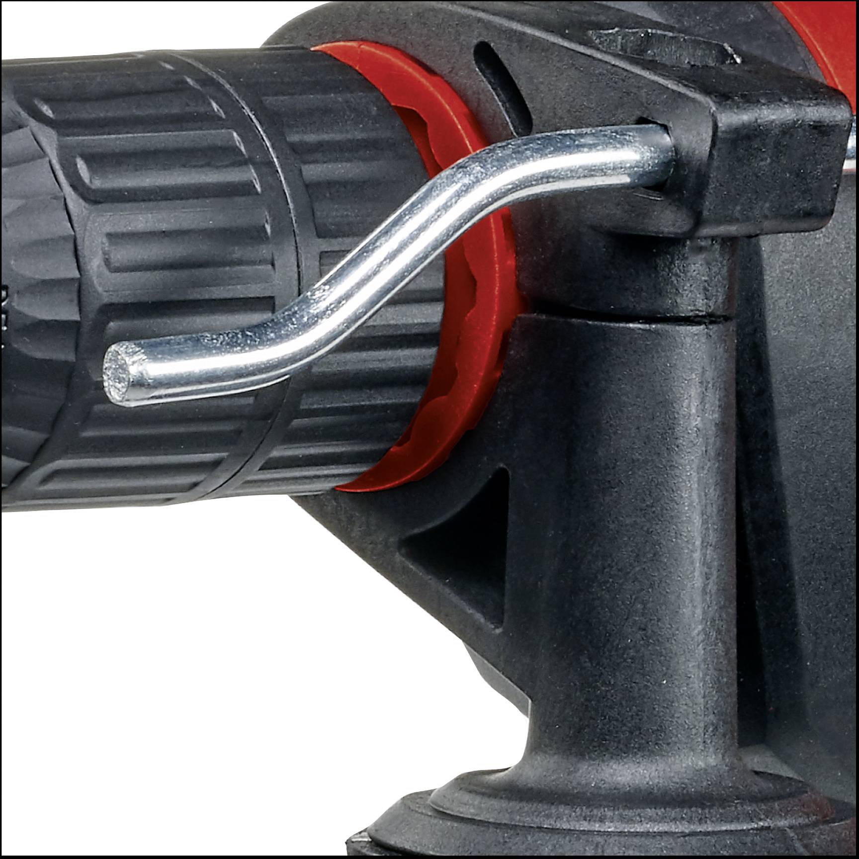 Ein Detailbild eines Werkzeugs mit einem schwarzen Griff und einem Hebel aus Metall, möglicherweise Teil einer Bohrmaschine oder ähnlichem Gerät.