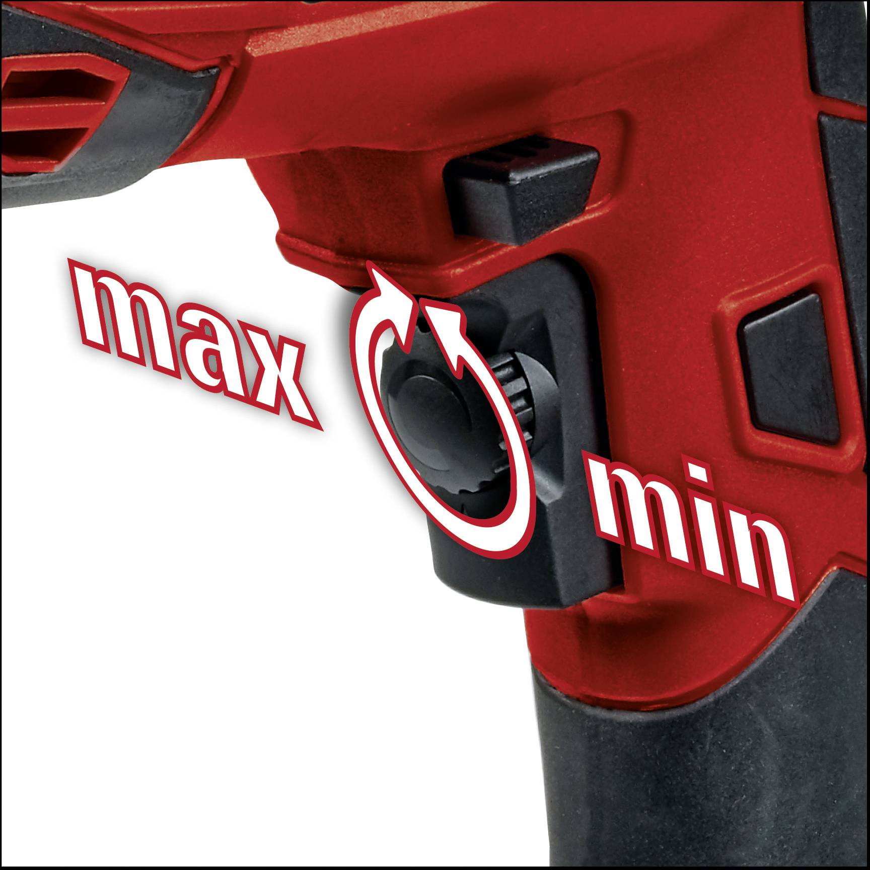 Eine Nahaufnahme einer roten Elektrowerkzeugeinstellung, die einen Drehknopf mit den Markierungen 'max' und 'min' zeigt.