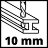 'Symbol zeigt Bohren in Metallstrebe mit einem Bohrer. Text: 10 mm.'