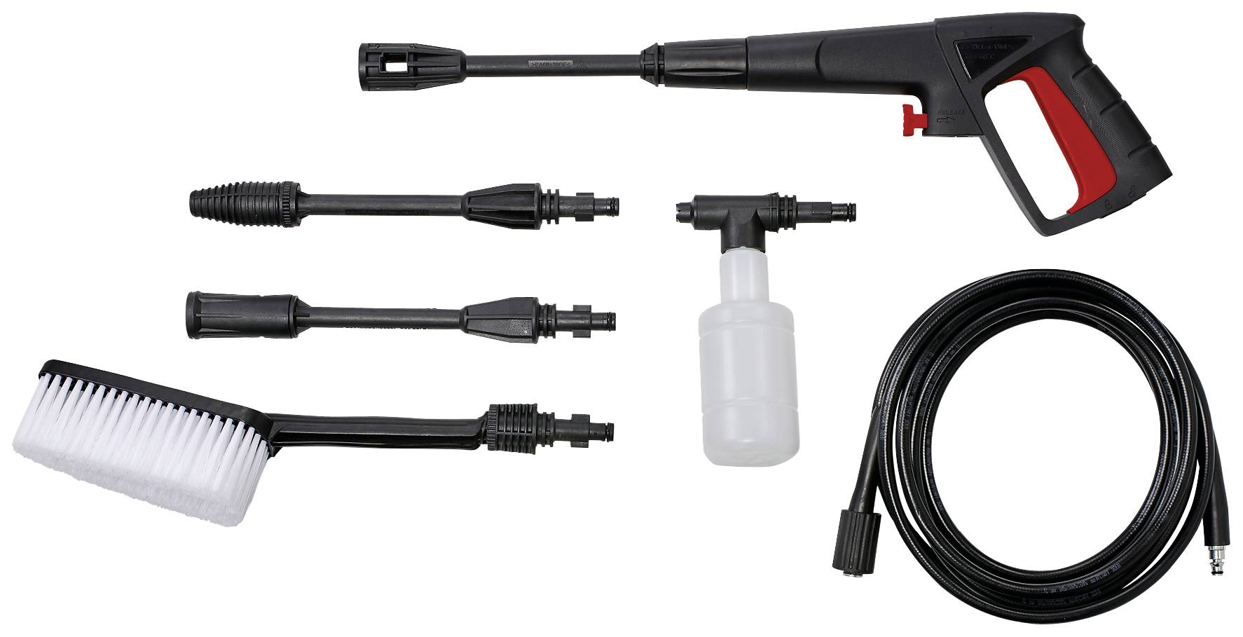 Zubehörset für Hochdruckreiniger bestehend aus Spritzpistole, drei Düsen, Schaumdüse, Bürste und Verlängerungsschlauch.