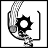 Abstraktes Symbol in Schwarz-Weiß. Ein Zahnrad und ein Wasserfall sind über geometrische Linien miteinander verbunden.