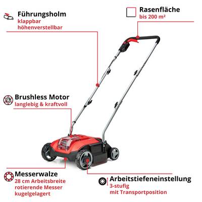 Ein roter Rasenmäher mit klappbarem Führungsholm, brushless Motor, 28 cm Messerwalze und 3-stufiger Arbeitstiefeneinstellung, geeignet für Flächen bis 200 m².