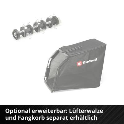 'Optional erweiterbar: Lüfterwalze und Fangkorb separat erhältlich.' Einhell-Logo auf einem schwarzen Fangkorb.
