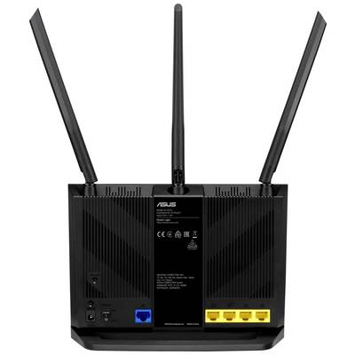 Schwarzer WLAN-Router mit drei Antennen, Rückseite. Vier gelbe Ethernet-Ports, ein blauer Internet-Anschluss, Netzteil-Anschluss.