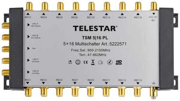 Telestar TSM 5/16 Premium Line SAT Multischalter Eingänge (Multischalter): 5 (4 SAT/1 terrestrisch) Teilnehmer-Anzahl: 16