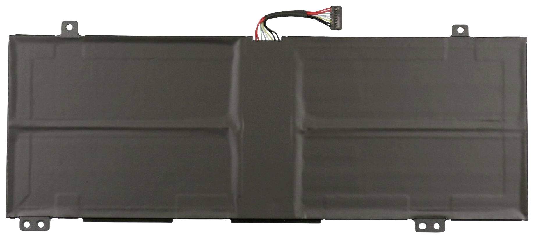 Rechteckiger Laptop-Akku mit mehreren Zellen. Oben befinden sich Kabel mit einem Anschluss. Schwarze Außenseite.