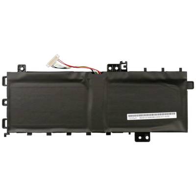 Schwarzer Laptop-Akku mit mehreren Kabeln und Stecker an der Oberseite. Quadratische Form mit abgerundeten Ecken und Befestigungslaschen.