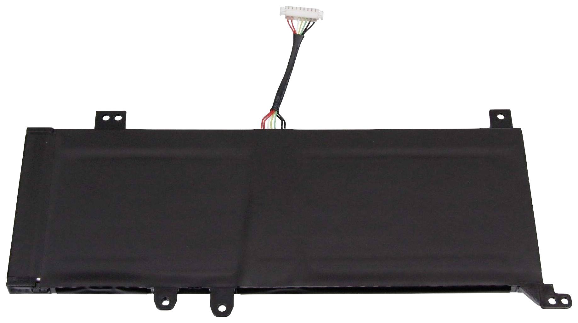 Ein rechteckiger, flacher, schwarzer Akku mit mehreren Befestigungslaschen und einem Kabel mit Steckverbinder.