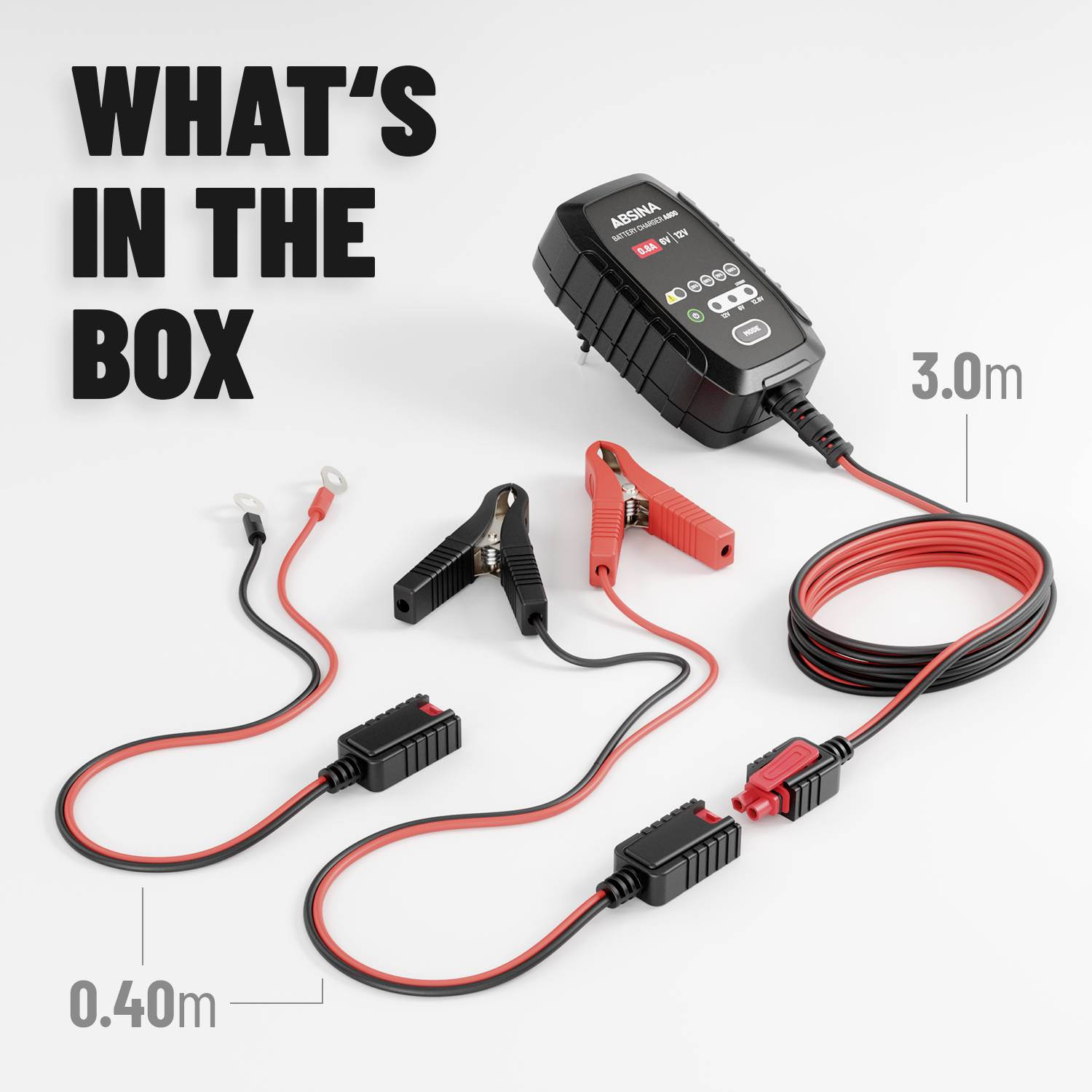 Batterieladegerät mit 3,0 m Kabel, Klemmenadapter, Ringösenadapter mit 0,40 m Kabel. Text: 'WHAT'S IN THE BOX'.