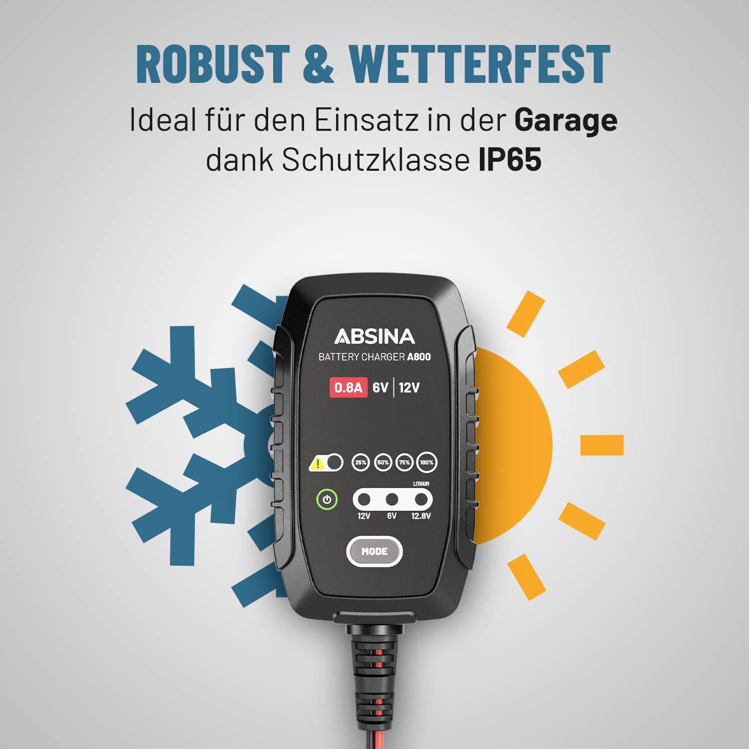 Ladegerät mit Anzeige für 6V und 12V Batterien. Text: 'Robust & wetterfest', ideal für Garagen durch Schutzklasse IP65. Symbole: Schneeflocke und Sonne.
