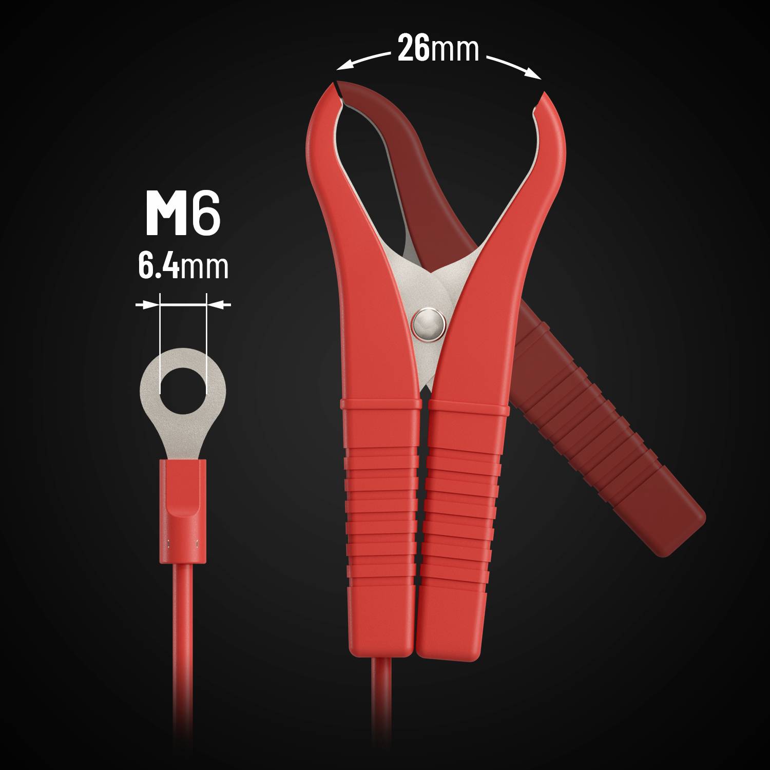 Rotes Krokodilkabel mit einer Breite von 26 mm und einer M6-Anschlussöse von 6,4 mm, auf schwarzem Hintergrund dargestellt.