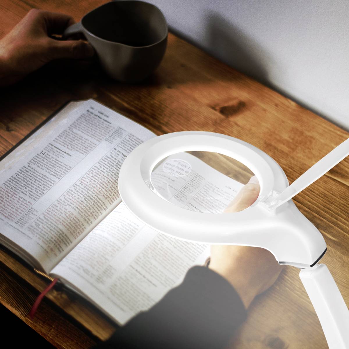 Eine Person hält eine Lupe über ein aufgeschlagenes Buch, wahrscheinlich zum Lesen oder Untersuchen des Textes. Daneben steht eine Tasse.