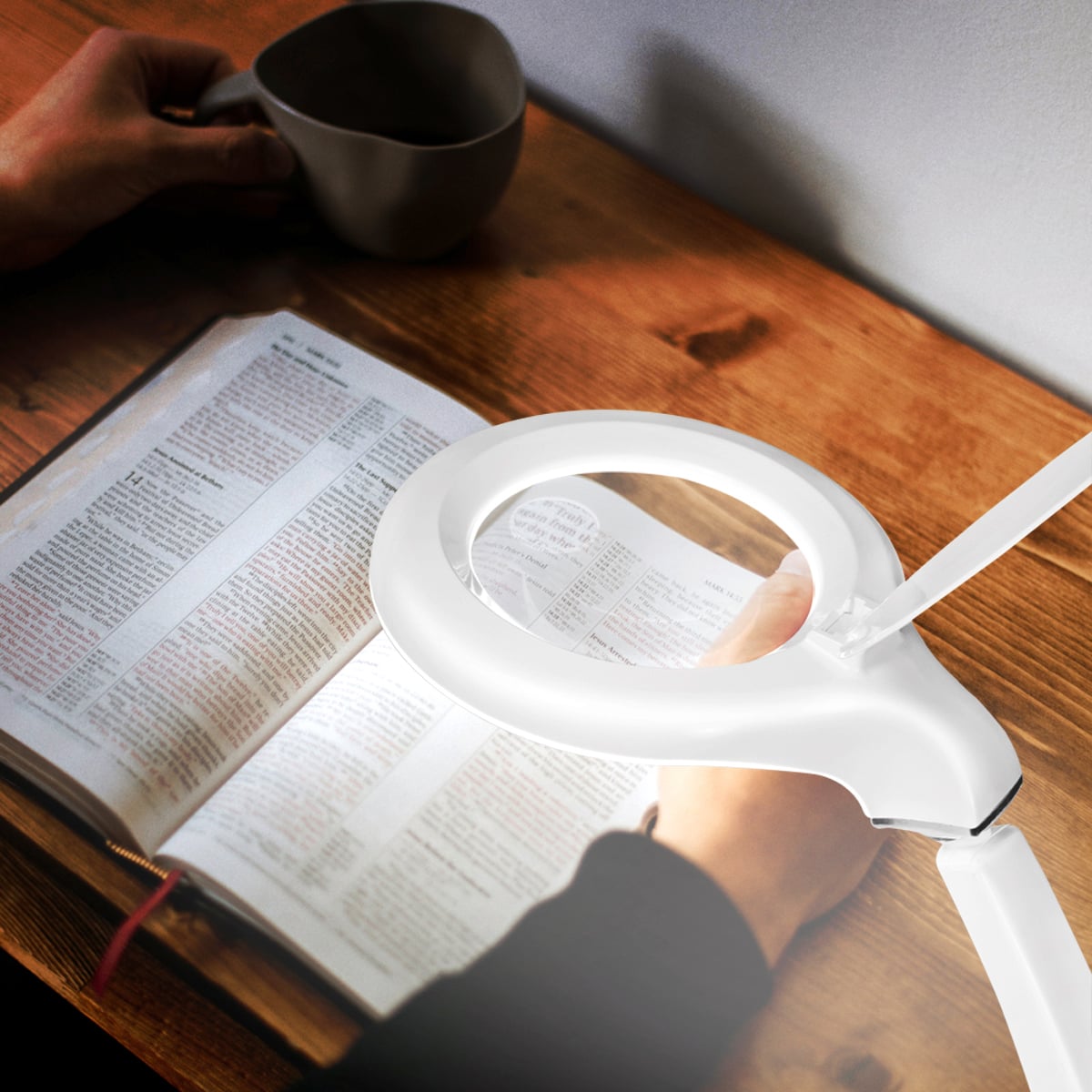 Eine Person hält eine Lupe über ein aufgeschlagenes Buch, wahrscheinlich zum Lesen oder Untersuchen des Textes. Daneben steht eine Tasse.