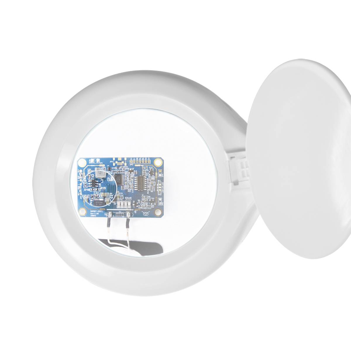 Eine Elektronikplatine wird von einer Lampe mit Lupenlinse beleuchtet. Im Vordergrund ist der große, weiße Lichtrahmen sichtbar.