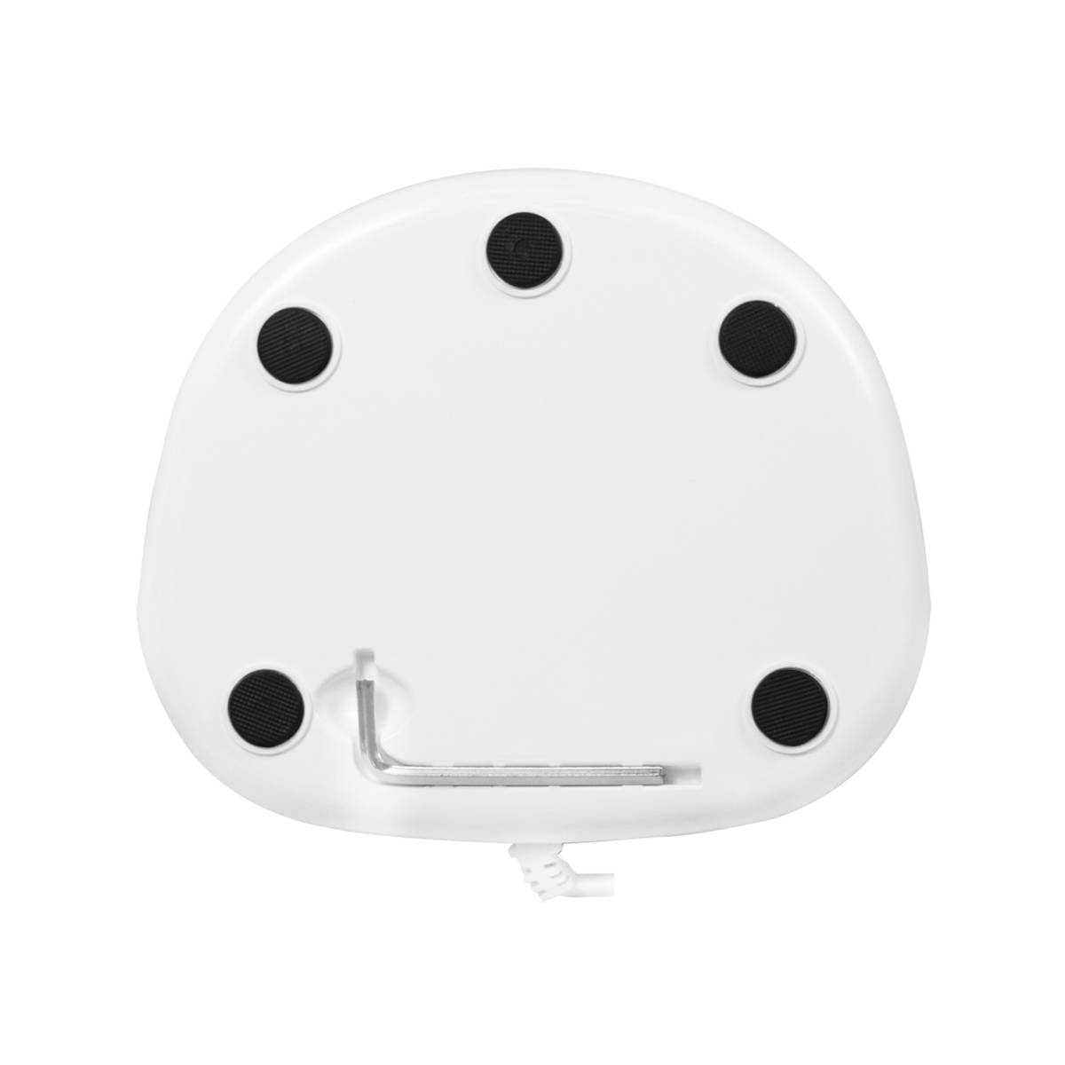 Ein weißer, flacher Gegenstand mit fünf schwarzen runden Füßen und einem L-förmigen Griff.