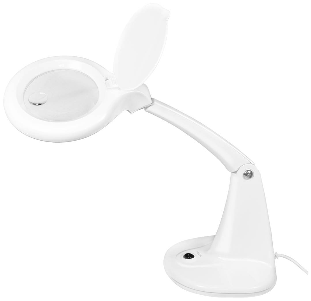 Weiße LED-Tischlupe mit verstellbarem Arm und Abdeckung, geeignet für präzise Arbeiten oder Detailbetrachtungen.