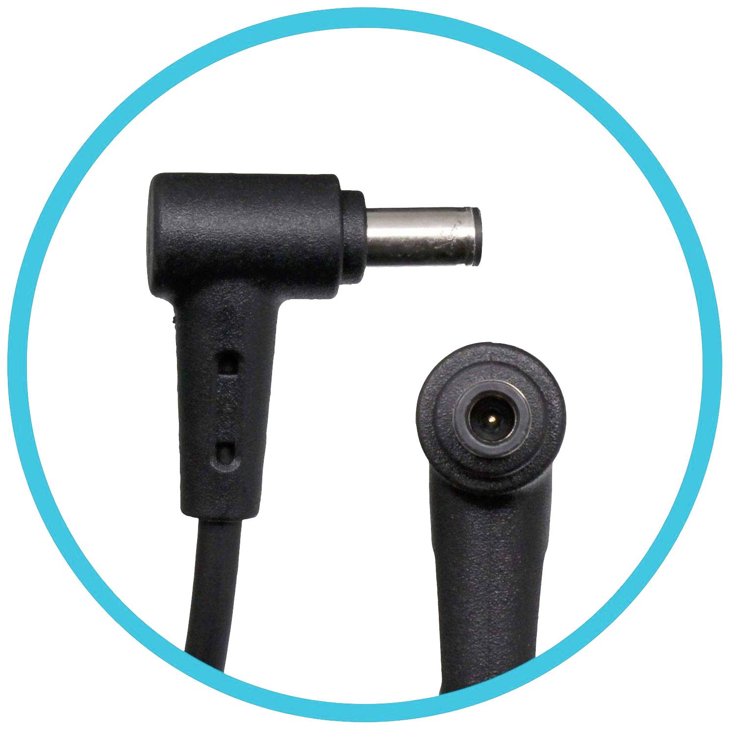 Schwarzes DC-Stecker-Netzkabel vor weißem Hintergrund, teilweise im Profil und Frontalansicht gezeigt.