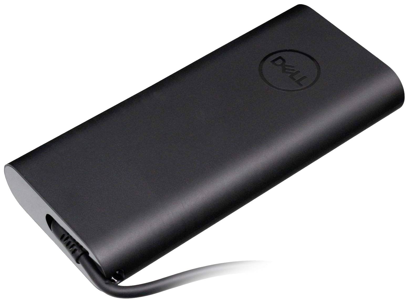 Schwarze Powerbank von Dell mit einem angeschlossenen Kabel, tragbare Energiequelle für unterwegs.