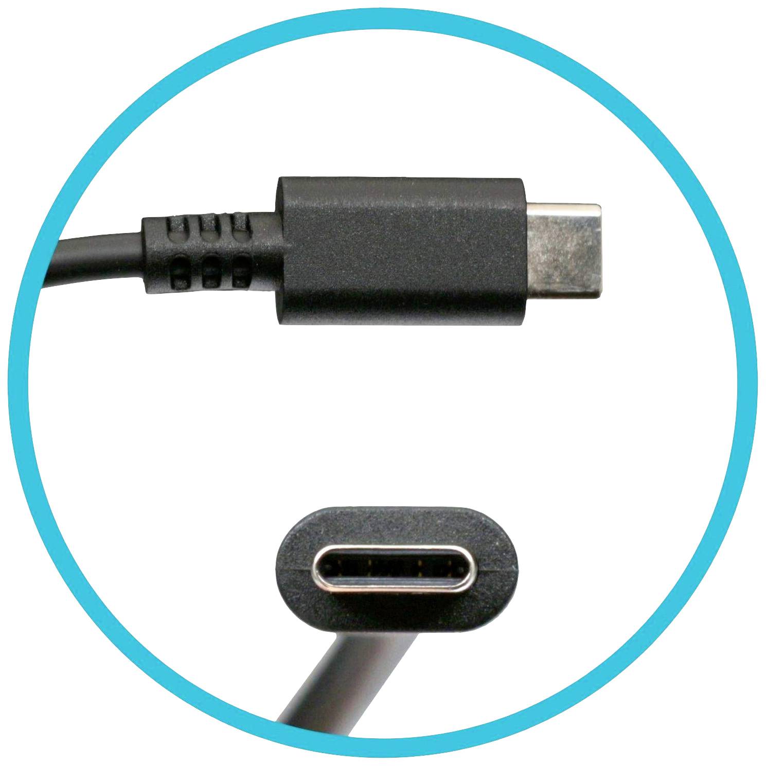 USB-C-Stecker, schwarz, vor weißem Hintergrund, Darstellung von Anschluss und Kompatibilität mit modernen Geräten.