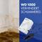 Ein Feuchtigkeitsabsorber entfernt Wasser im Keller. Text: 'WD 1000 verhindert Schlimmeres'. Zeigt ein Gerät mit Kabel und verschmutzte Wände.