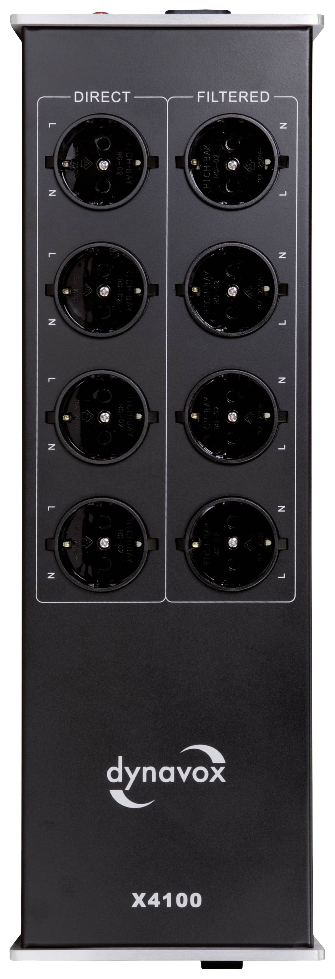 Ein schwarzes Gerät mit acht Steckdosen, vier sind als 'Direct', vier als 'Filtered' gekennzeichnet. Markenname 'dynavox' unten.
