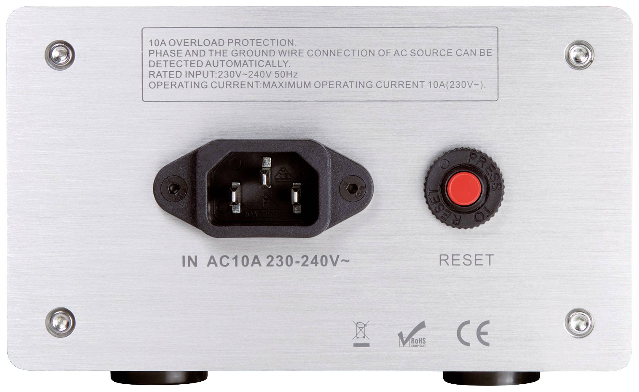 Rückseite eines elektronischen Geräts mit Stromanschluss, rotem Reset-Knopf und Aufschrift 'IN AC10A 230-240V~'.