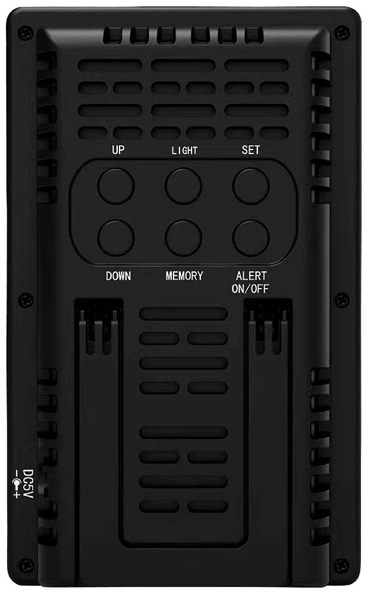 Rückseite eines elektronischen Geräts mit sechs Tasten: 'Up', 'Light', 'Set', 'Down', 'Memory', 'Alert On/Off'. Lüftungsschlitze oben und unten.