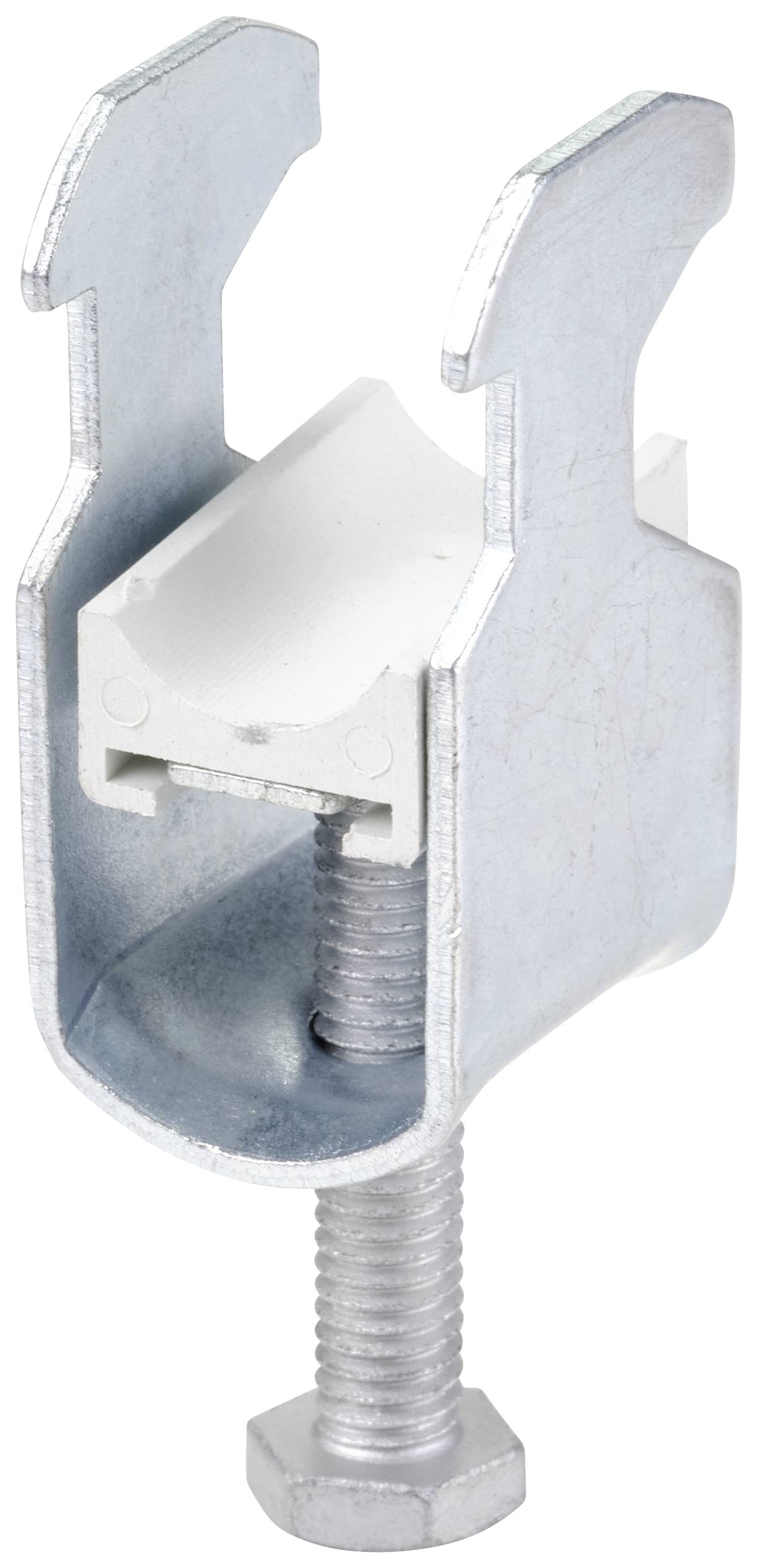 Metallklammer mit sichtbarer Schraube, die zum Befestigen oder Klemmen von Materialien verwendet wird. Sie hat eine U-förmige Struktur.