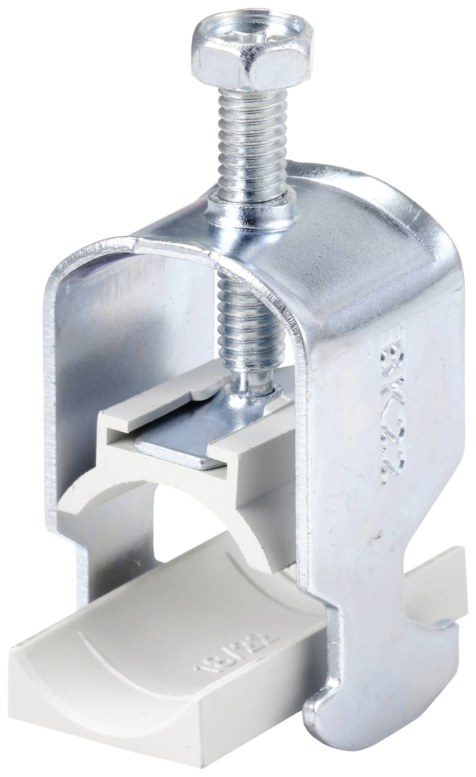 Metallschelle mit Schraube zur Befestigung von Rohrleitungen an Bauoberflächen. Robust und ideal für industrielle Anwendungen.