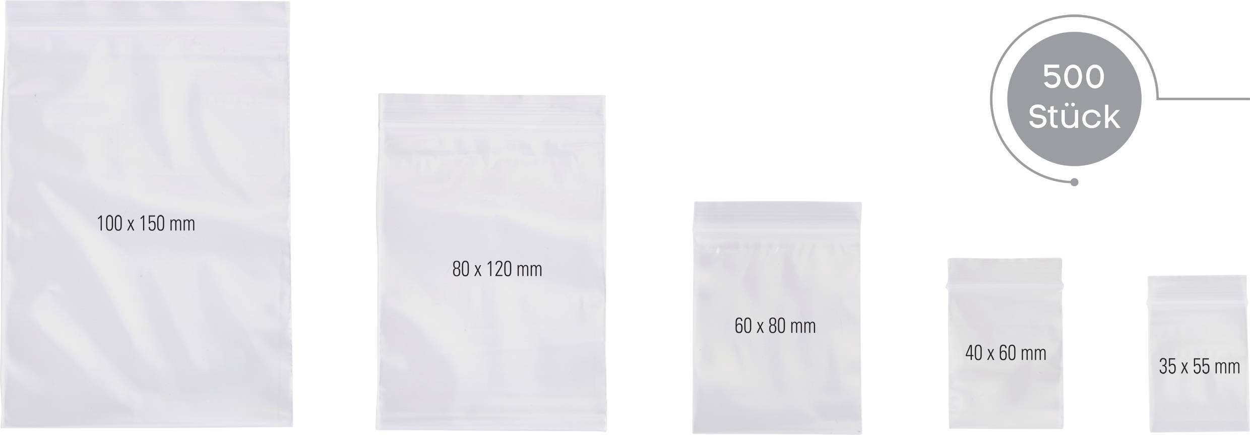 Fünf durchsichtige Druckverschlussbeutel in verschiedenen Größen: 100x150 mm, 80x120 mm, 60x80 mm, 40x60 mm, 35x55 mm, 500 Stück.