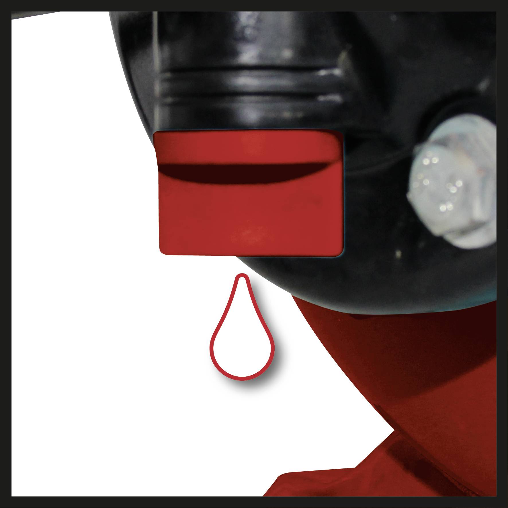 Ein roter Wasserhahn tropft, eine einzelne Wassertropfenform ist darunter zu sehen.