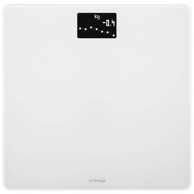 Eine weiße Waage zeigt auf einem digitalen Display das Gewicht mit einem Trendpfeil: 'kg -0,4'.