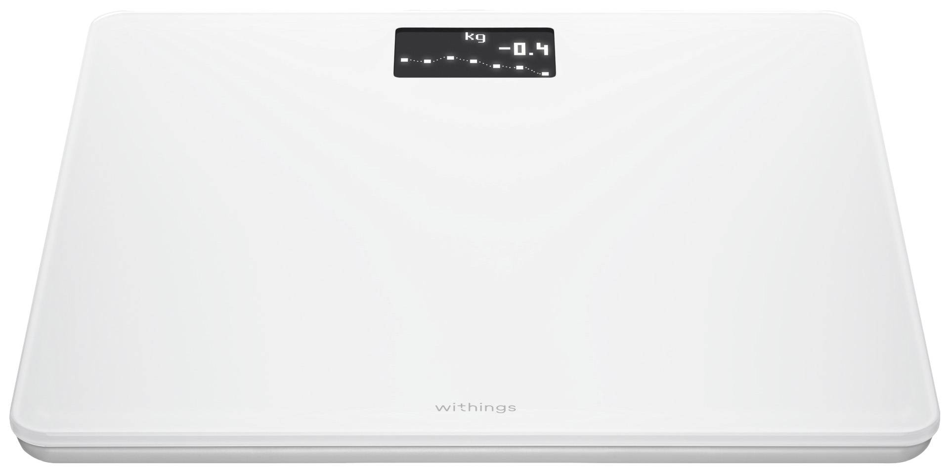 Weiße digitale Personenwaage mit Anzeige von '0,4 kg'.