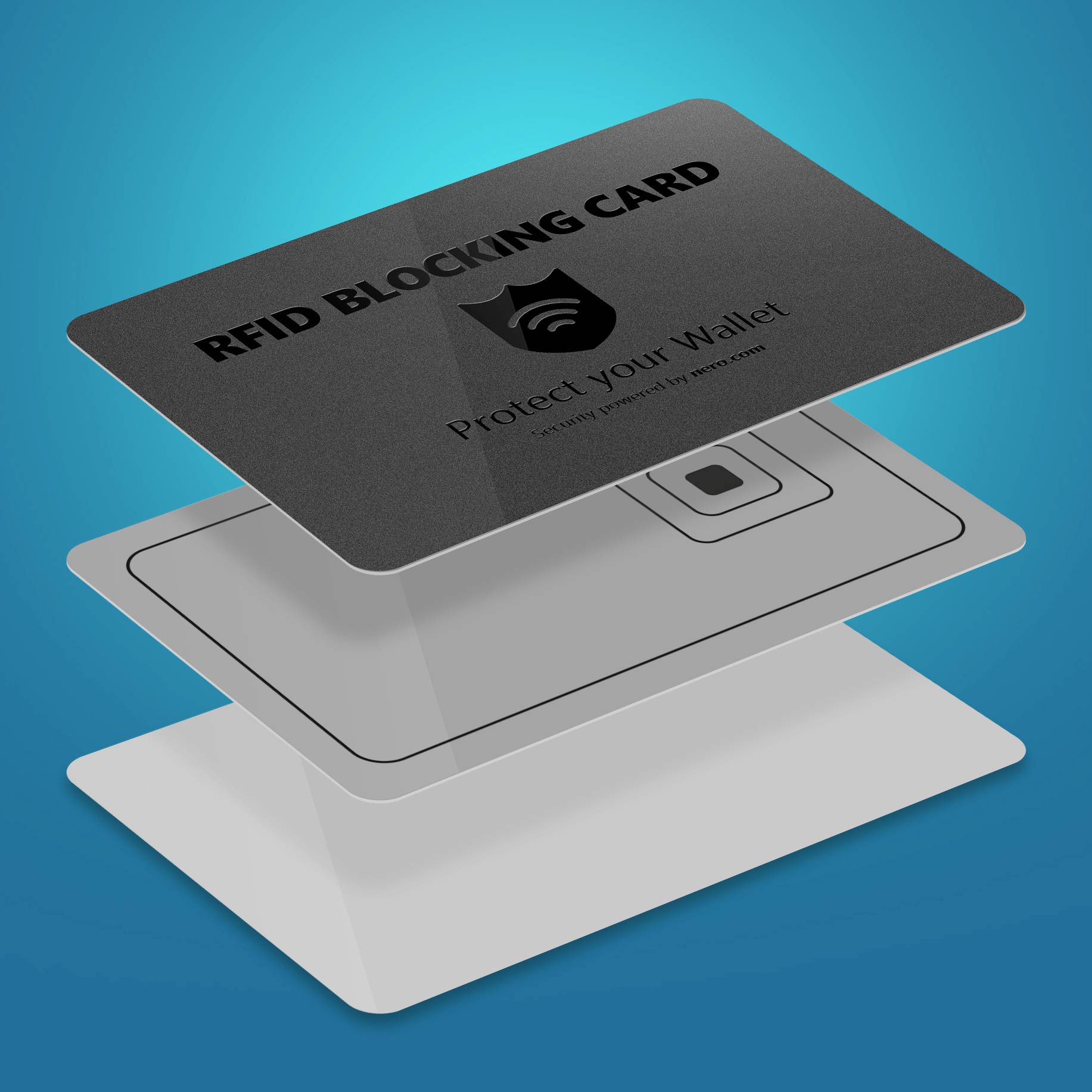 Schwarze Karte mit der Aufschrift 'RFID Blocking Card'. Sie schützt vor ungewolltem Scannen von RFID-Daten. Visuelles Schichtdesign.