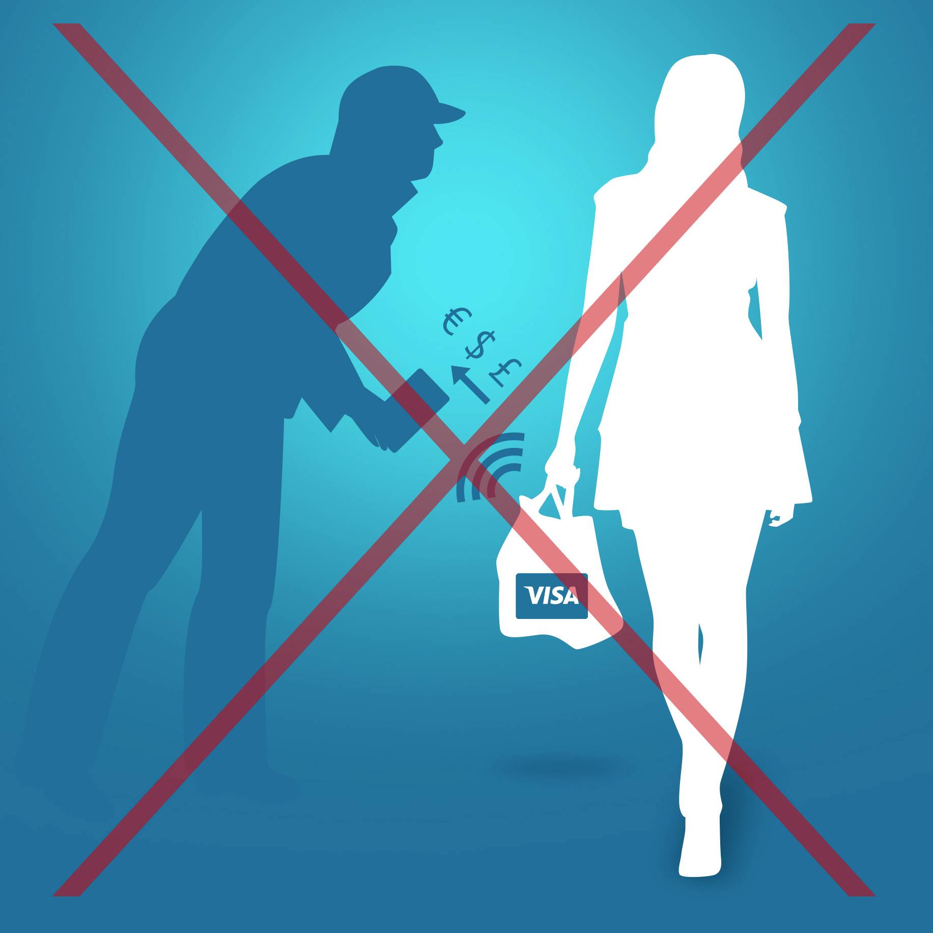 Eine schwarz dargestellte Person hält dem Kontaktlos-Symbol einen interferierenden Schlagring entgegen. Eine weiße Figur mit einer Visa-Tüte steht dagegen. Ein rotes Kreuz überdeckt das Bild.