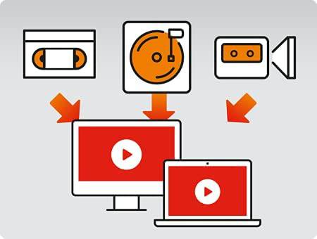 'Illustration zeigt Umwandlung von Videokassette, Schallplatte und Kassette in digitale Formate auf Monitor und Laptop.'