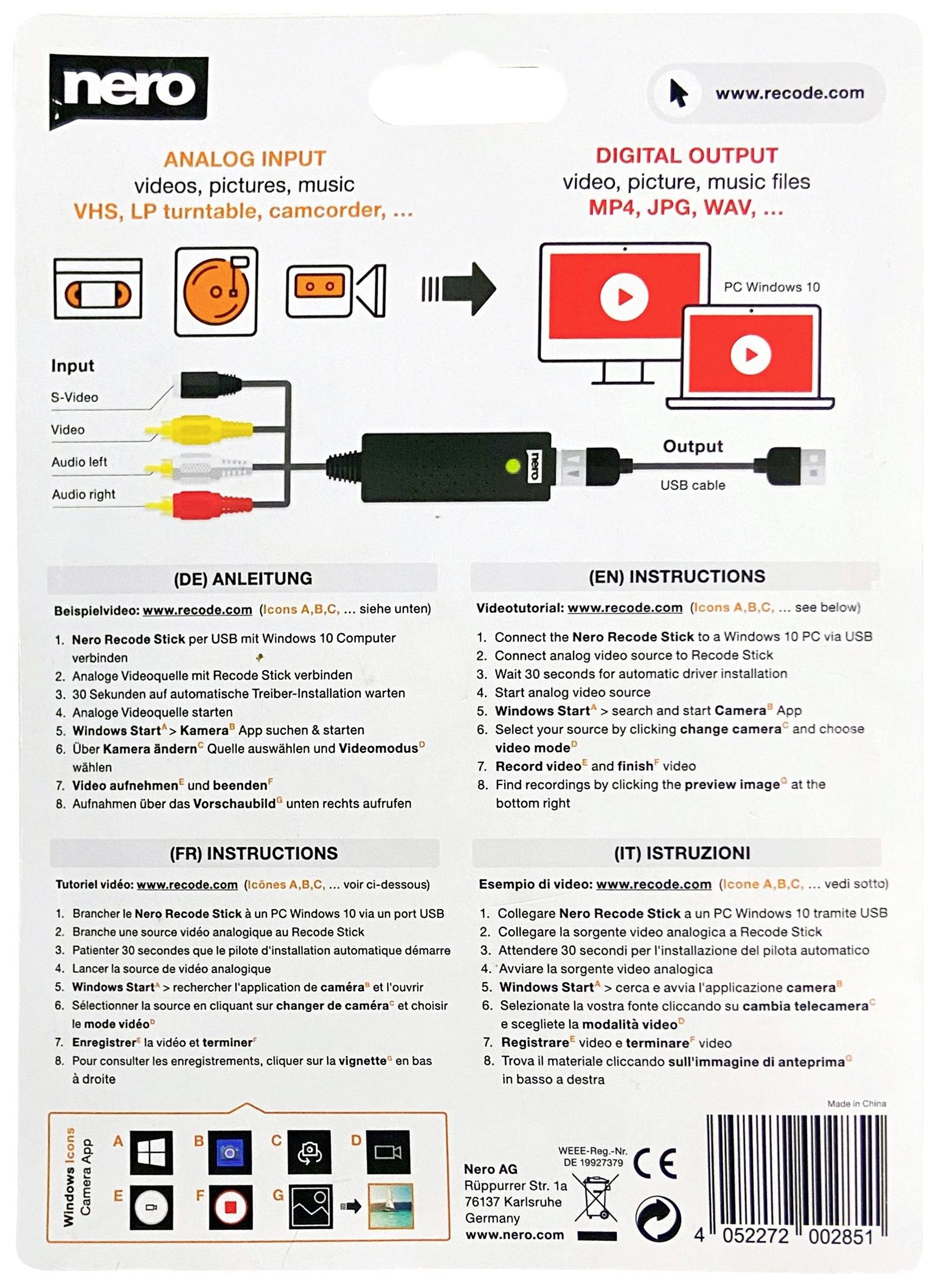 Rückseite einer Elektronik-Verpackung zeigt ein Gerät zum Digitalisieren analoger Medien. Enthält Anweisungen in mehreren Sprachen.
