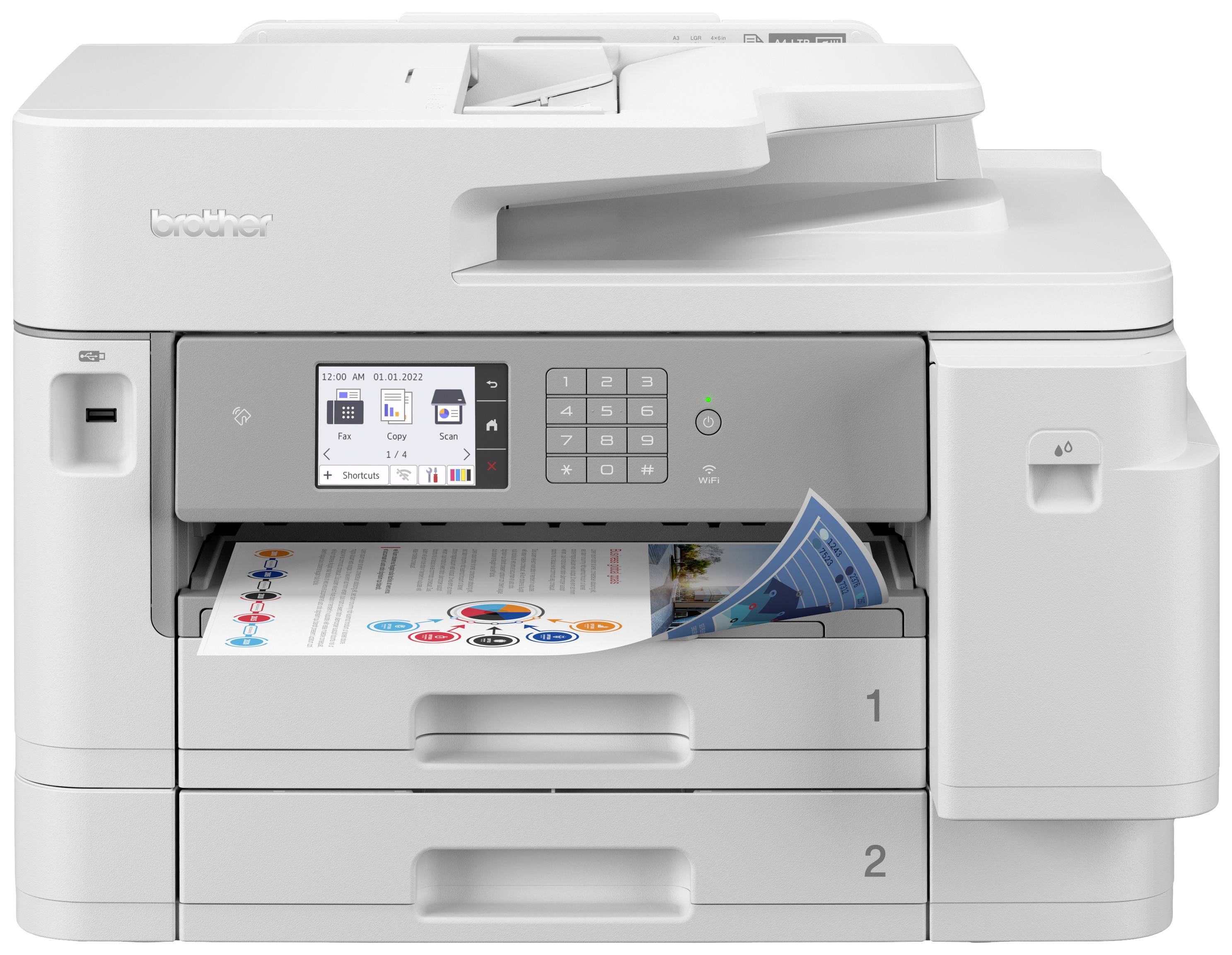 Grauer multifunktionaler Drucker mit Display und Dokumentausgabefach. Ein Ausdruck mit farbigen Grafiken kommt aus dem Fach.
