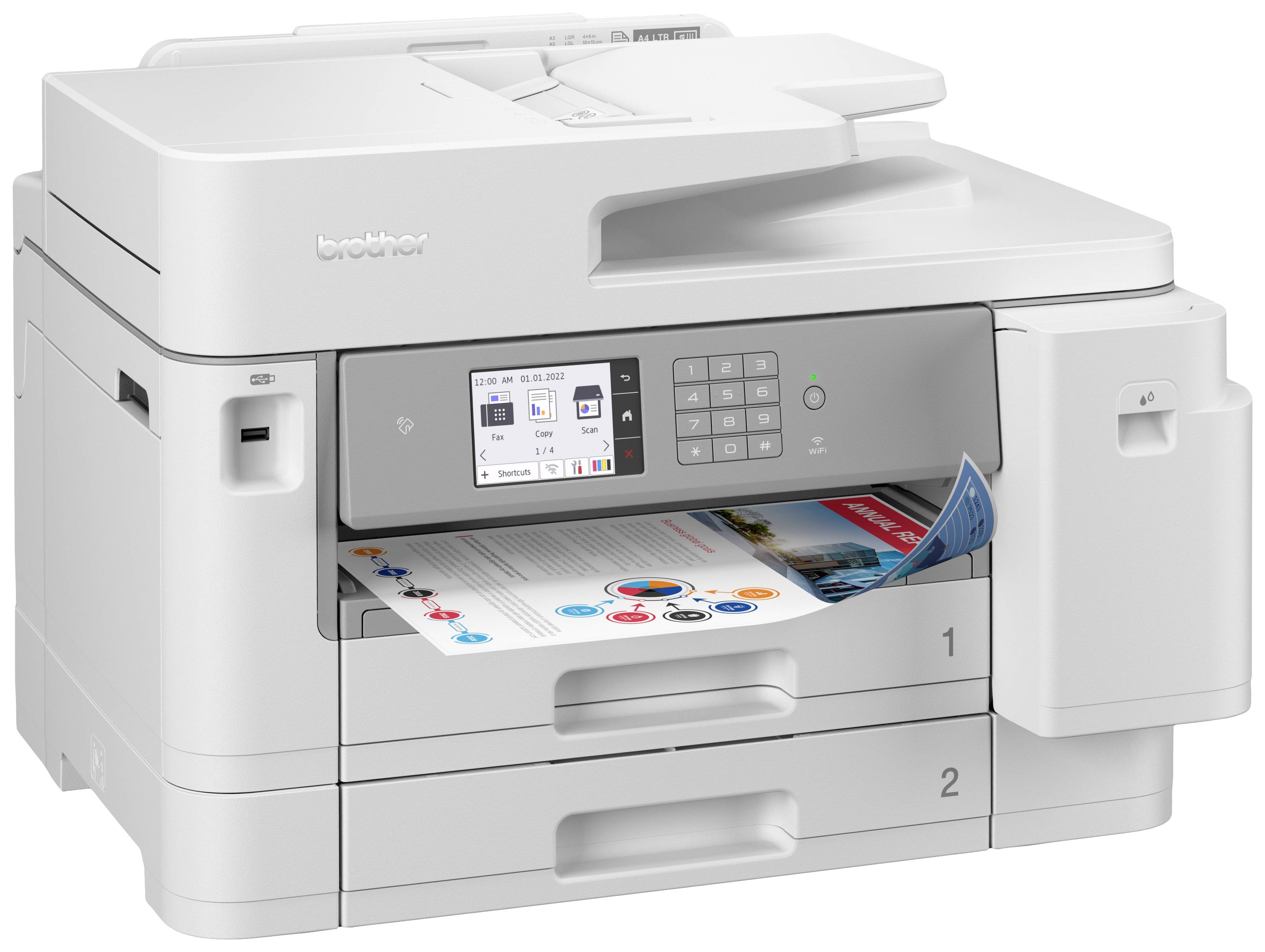 Multifunktionsdrucker mit Display druckt farbiges DIN-A4-Dokument. Anzahl der Blätter im Papierfach sichtbar.