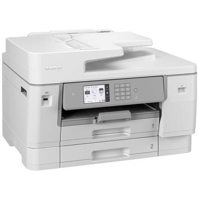 Ein grauer Multifunktionsdrucker mit Touchscreen-Display und zwei Papierfächern, geeignet für Bürodruckaufgaben.