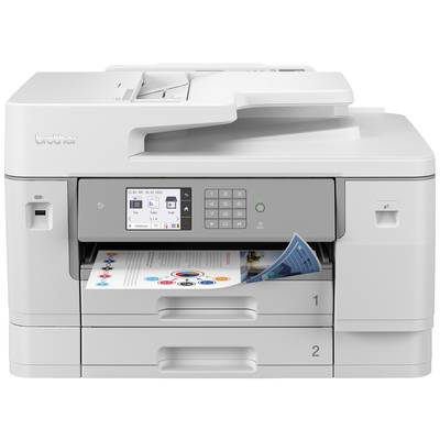 Ein grauer Drucker druckt ein buntes Diagramm. Der Drucker hat zwei Papierfächer und ein Bedienfeld mit Display und Tasten.