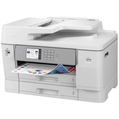 Ein grauer Multifunktionsdrucker auf einem Tisch druckt ein Dokument mit bunten Grafiken.